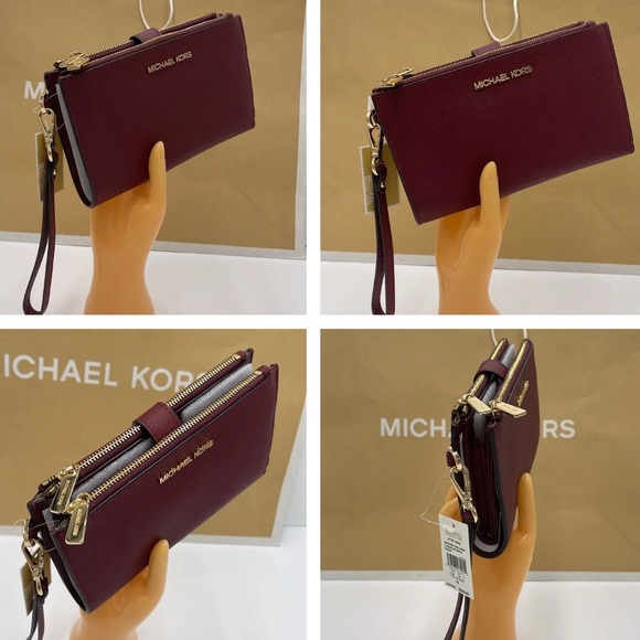 MICHAEL KORS LG DOUBLE ZIP WRISTLET MERLOT DARK CHERRY MULBERRY PHONE CASE NWT - Picture 13 of 16
